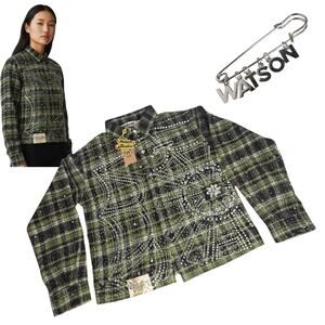 Watson Studio Spider Web Flannel Crop Jacket Crystal Embellished Green LG Shirt